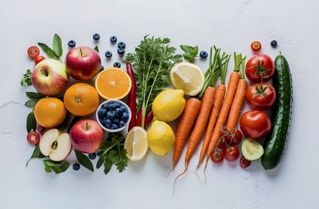 An array of colourful fruit and vegetables on a white table
