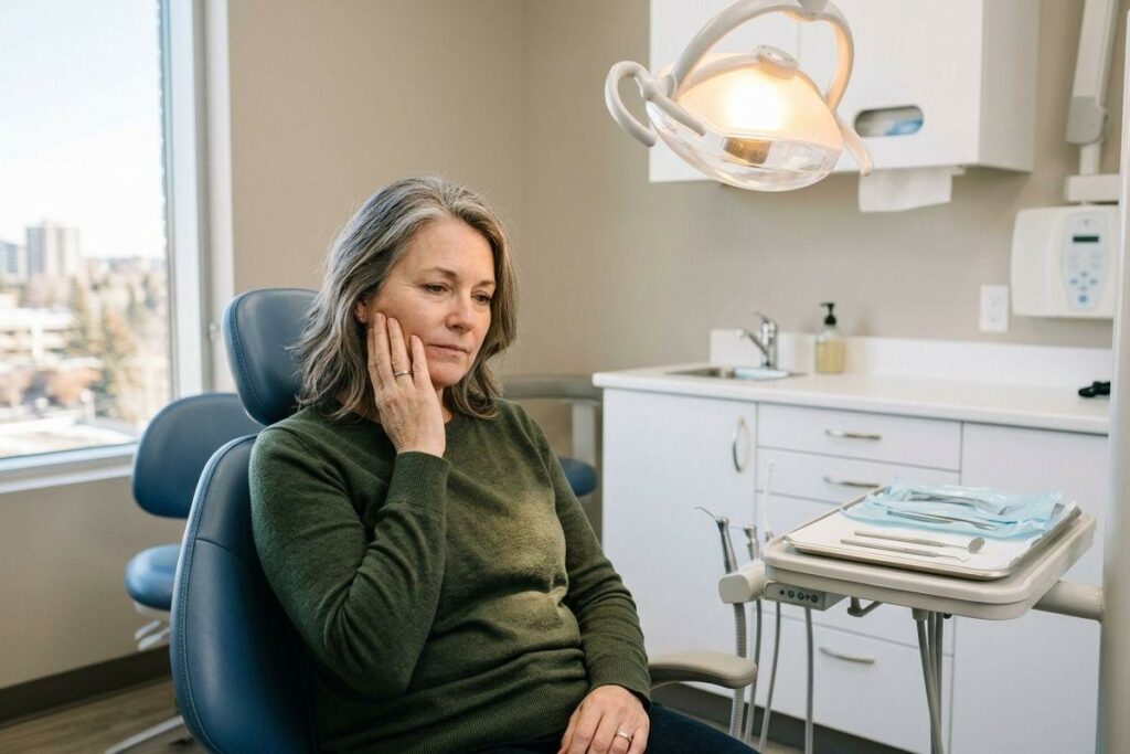 Adult sitting in a dental chair holding a hand to their cheek, looking concerned, with overhead lamp and instrument tray nearby.