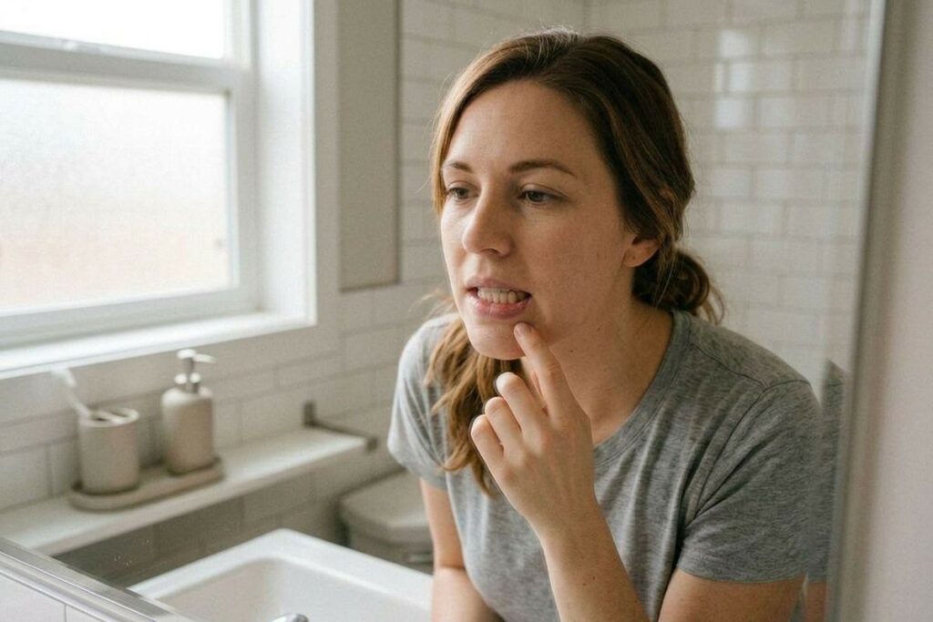 Person examining their lips and teeth in a bathroom mirror, touching chin with one finger.