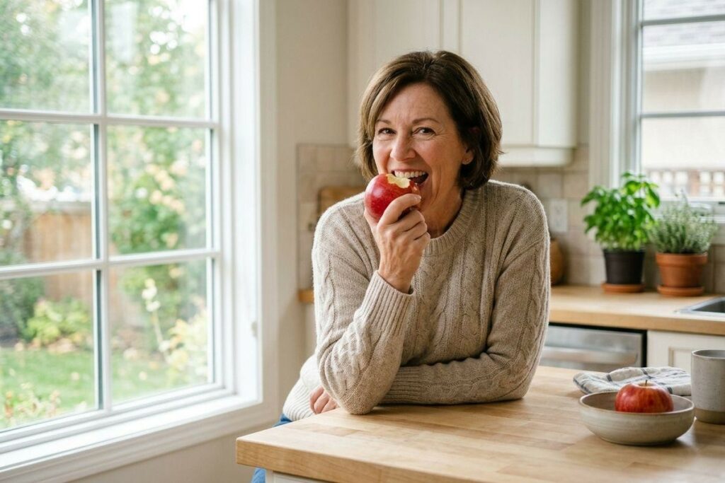 Smiling adult biting a red apple while leaning on a wooden kitchen counter near a window.